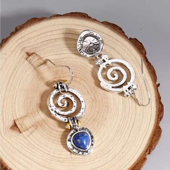 Silver Spiral Earrings with Lapis Stone Accents Blue | eBay Spiral Earrings with Blue Lapis Lazuli Tone Stone, Antique Silver Vortex Jewelry